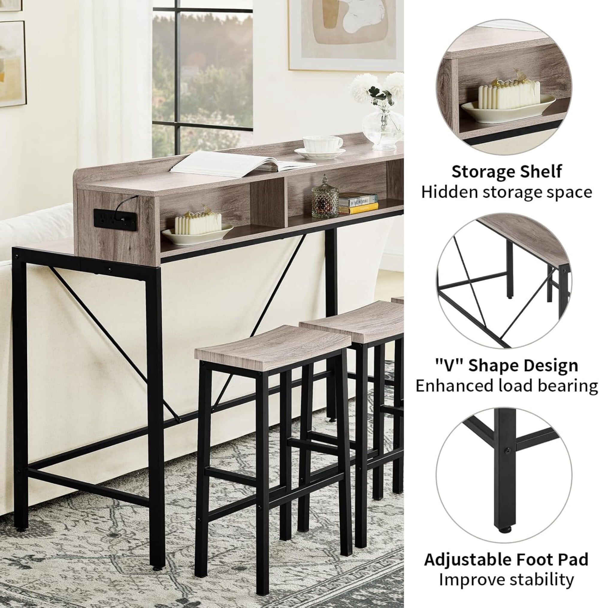 AENKYO 59" 4-Piece Sofa Bar Table and Chair Set, Dining Table with 3 Saddle Stools, Charging Station & LED Lights, Antique Gray