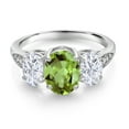 thumbnail image 2 of Gem Stone King 10K White Gold Green Peridot White Moissanite and White Lab Grown Diamond 3 Stone Engagement Ring for Women (2.46 Cttw, Gemstone Birthstone, Available in Size 5, 6, 7, 8, 9), 2 of 5