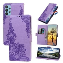 Nalacover Wallet For Samsung Galaxy A32 5G Case,Stylish Full Protection Embossed Lotus Pattern PU Leather Flip Kickstand Card Slots Shockproof Magnetic Cover with Wrist Strap.Purple