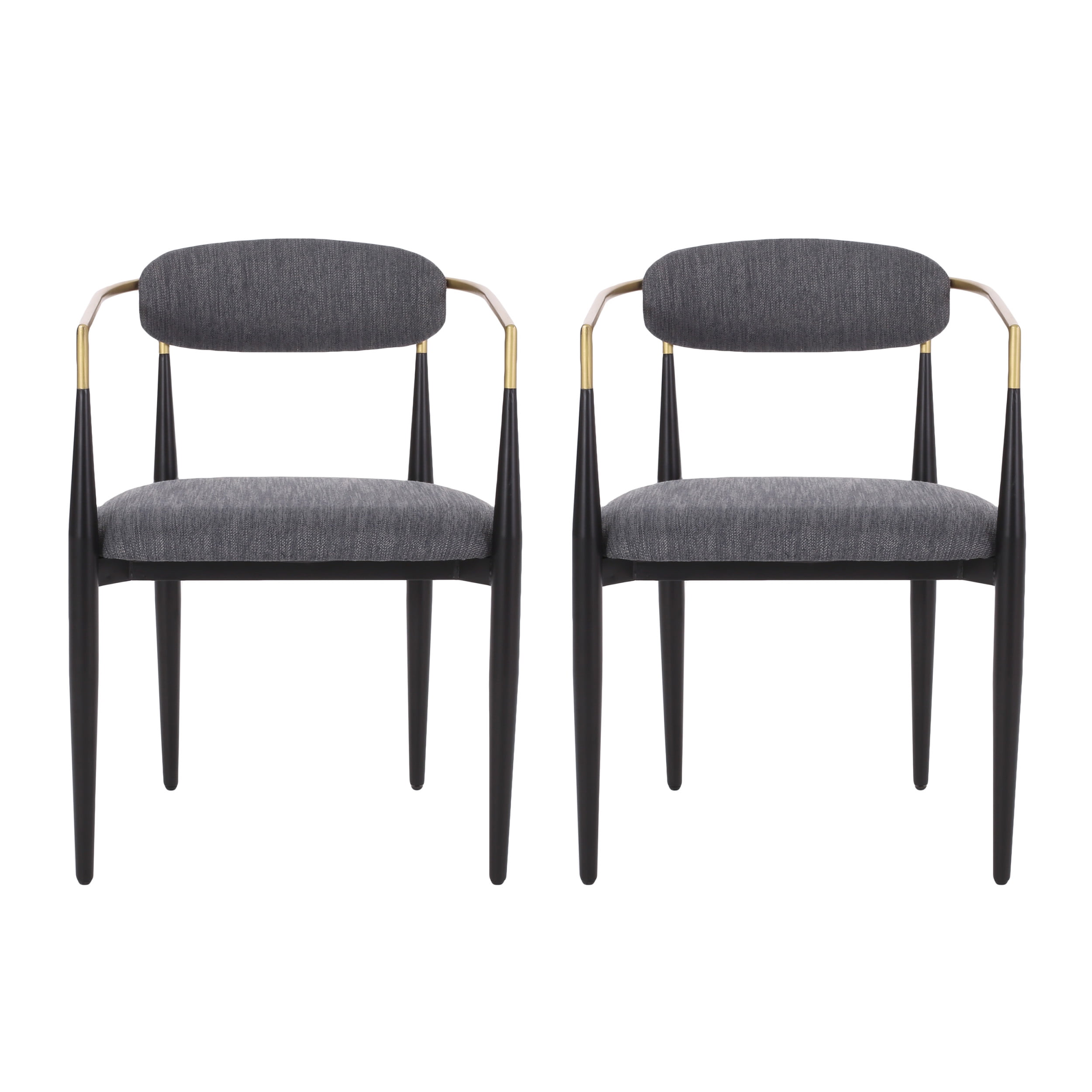 Noble House Boise Fabric Upholstered Metal Dining Chairs, Set of 2, Charcoal, Black, and Gold
