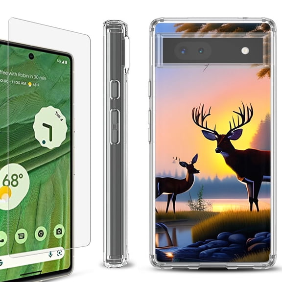 Shockproof Bumper Phone Case for Google Pixel 6a, with Tempered Glass Screen Protector, by OneToughShield ® - Deer Sunset