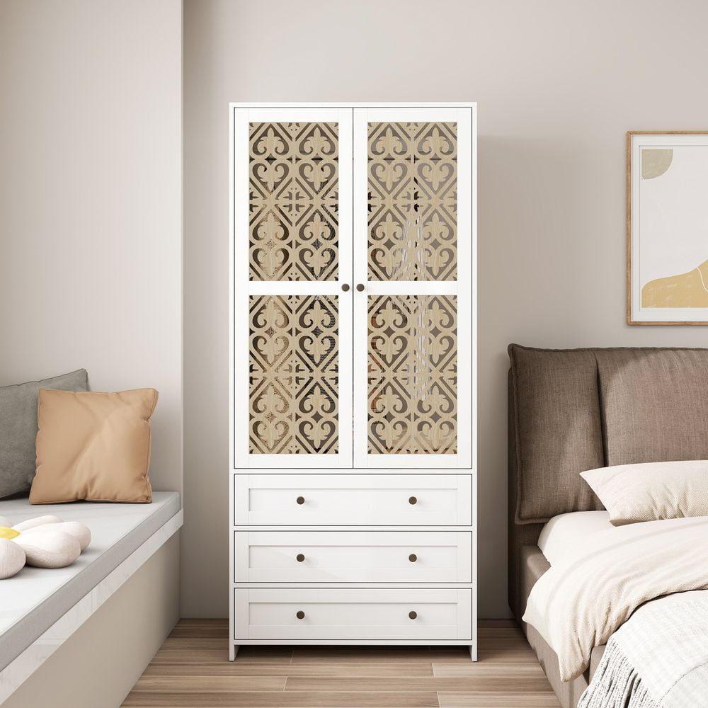 WARMMUSE Wardrobe Closet, Modern Wood  2-Door 3-Drawer Armoires and Wardrobes w/ Hollow Pattern,  Clothes Hanging Rod,  31.4" W x 18.9" D x 71.0" H, White