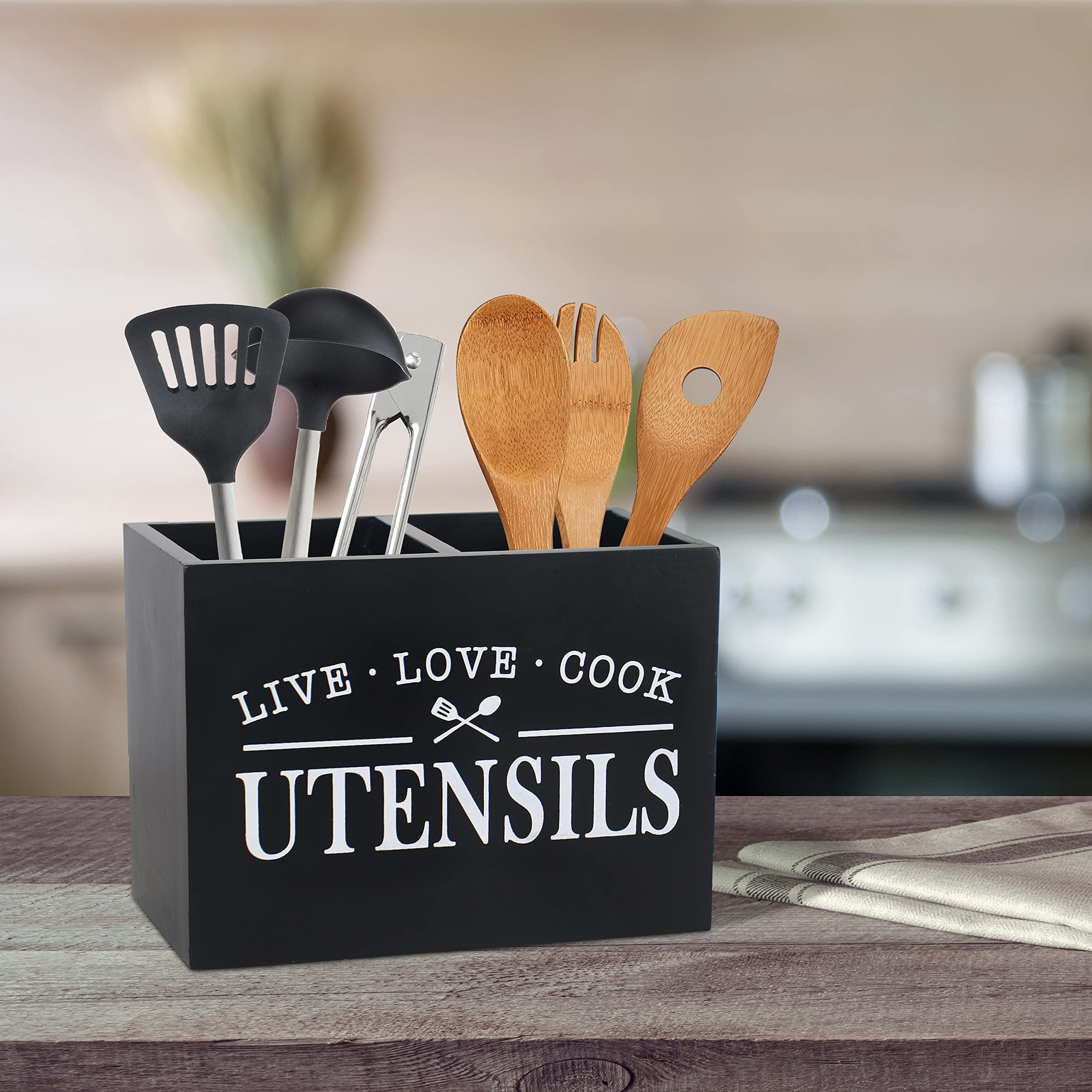 Arikago Kitchen Utensil Holder with Removable Bottom Large 2 Compartments Utensil Organizer Farmhouse Utensil Caddy for Countertop Decor, 9 x 7 x 5 Inch, Black