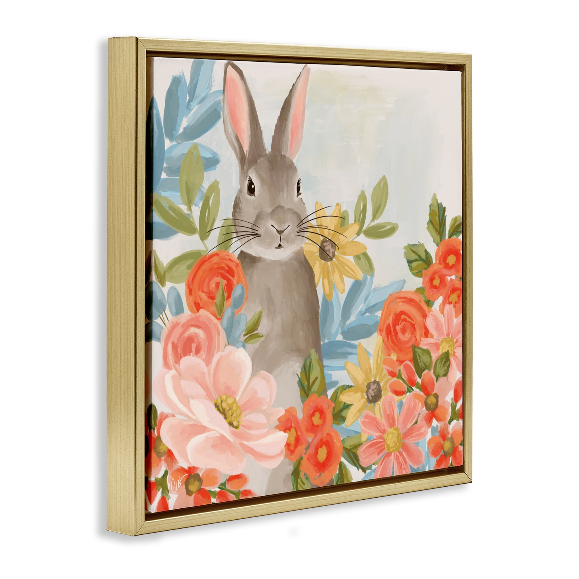 Stupell Industries Bunny Among The Blooms Gold Framed Floater Canvas Wall Art, design by Cat Thurman Designs