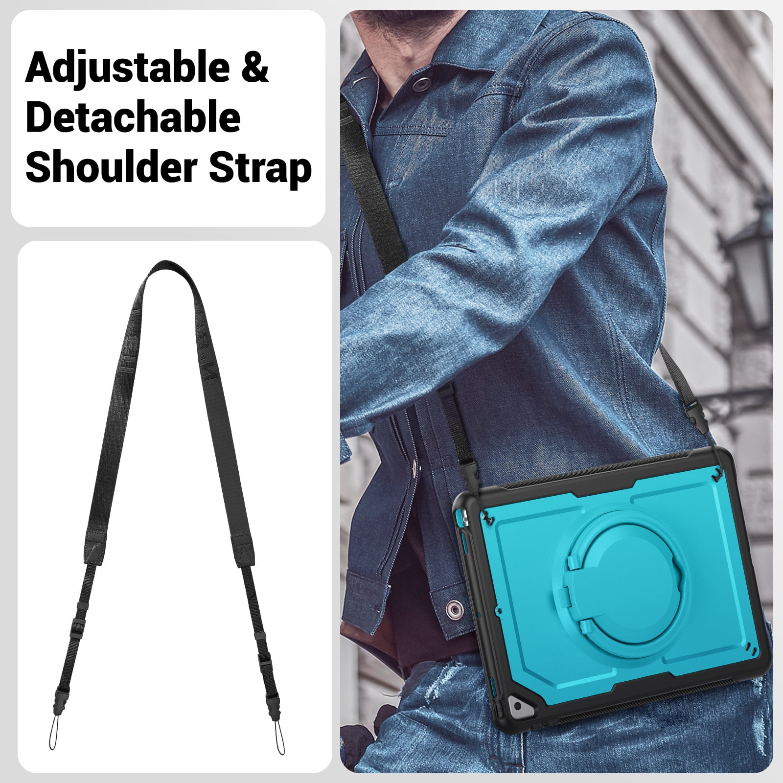 Shockproof Case for Apple iPad 9th 8th 7th Gen 10.2 Inch, Hybrid Protective Cover with Pencil Holder & Shoulder Strap Kids Friendly Rotating Kickstand Case for iPad 10.2" 2021/2020/2019,Lightblue