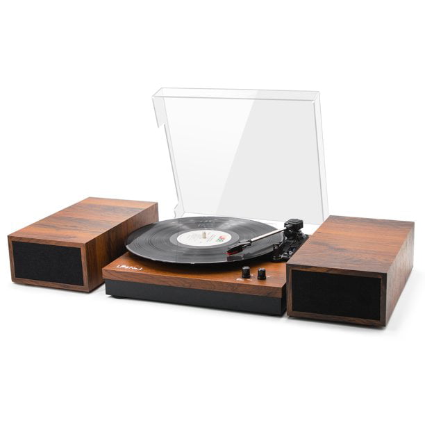 LP&No.1 Bluetooth Vinyl Retro Record Player with External Speakers, 3-Speed Belt-Drive Vintage for Vinyl Albums Auto Off and Bluetooth Input, Mahogany Wood -