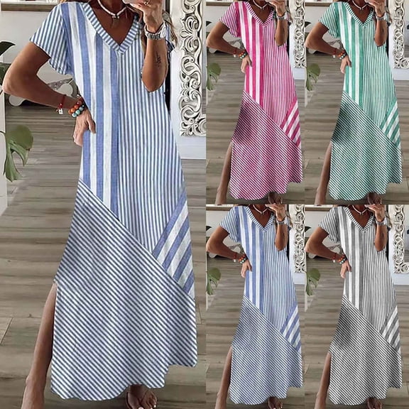 asdoklhq Holiday Dresses Women Fashion Printing Vent Short Sleeve-Neck Dress Hot Pink M