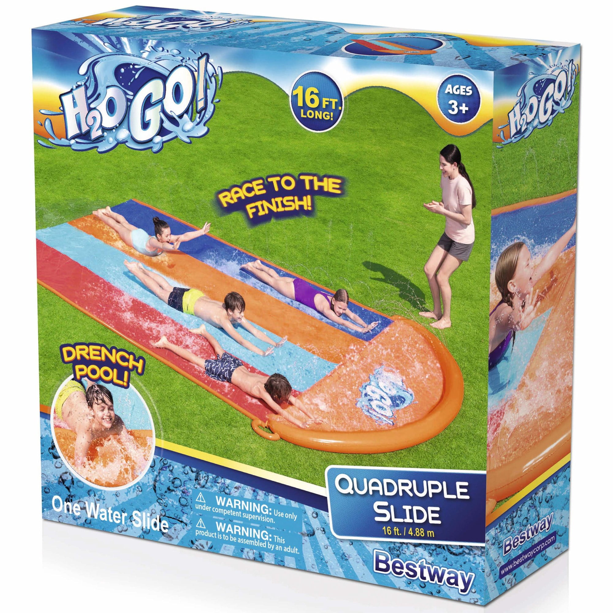 Bestway: H2OGO! 16' Quadruple Water Slide - Inflatable Lawn Sprinkler Slide, 4 Racing Lanes, Drench Pool Landing, Hose Setup, Outdoor Play, Kids 3+