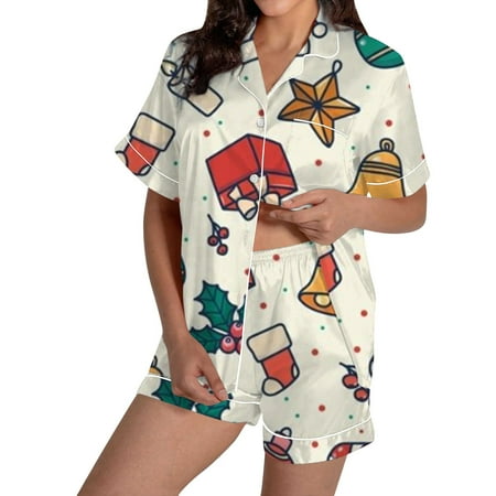 JIANJIA Womens Pajama Sets Christmas Cartoon Print Silk Satin Lapel Short Sleeve Tops With Shorts Sleepwear Underwear