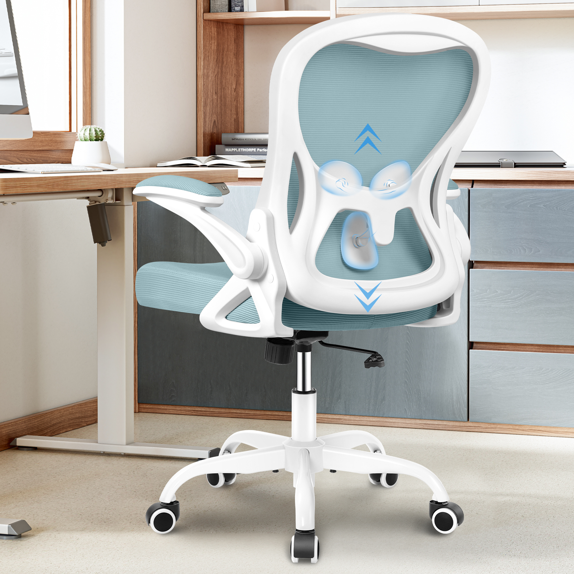 ATHOPE Office Chair, Ergonomic Desk Chair with Flip Up Armrests, Height Adjustable Computer Chair with Lumbar Support, Light Blue