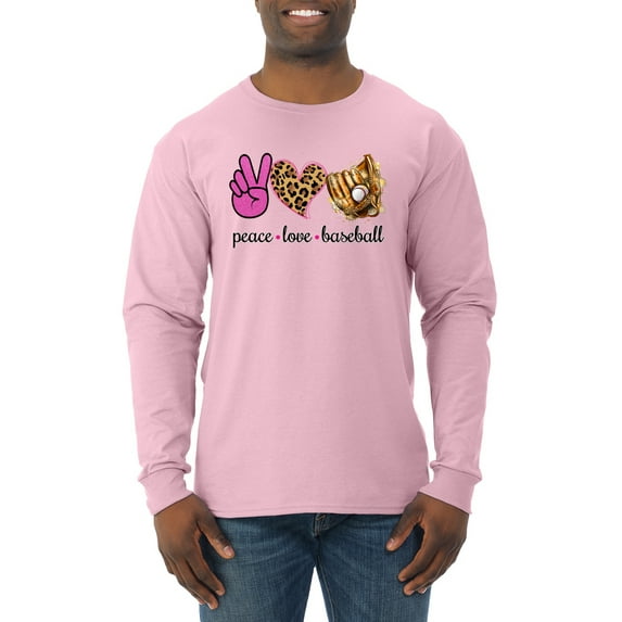 Peace Love Baseball Sports Mens Long Sleeve Shirt, Light Pink, Medium
