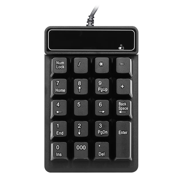 USB Wired Numeric Keypad Mechanical Feel Number Pad Keyboard with 19 keys, including a dedicated '000' key, designed for laptops and desktops. Features a black ABS case, ergonomic tilt for reduced strain, and suspended keycaps for a mechanical feel. Water-resistant design with crater-style keycaps to prevent water damage. Plug-and-play USB connection with a 1.5m cable. Compact size of 13.5 x 8.7 x 3.3 cm and lightweight at 115g.