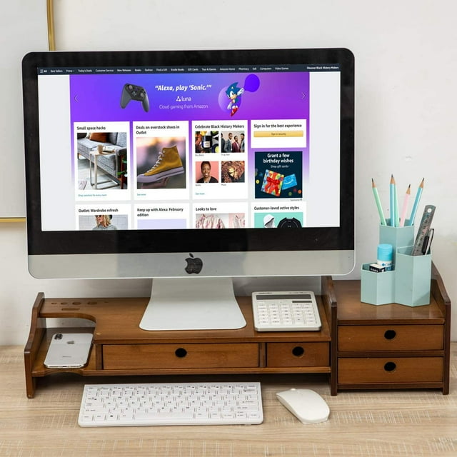 Maydear Bamboo Monitor Stand Riser with 4 Storage Drawer, 2 Tier Desk Organizer Stand for Laptop Computer, Desktop Printer Stand, Versatile as Storage Shelf & Screen Holder