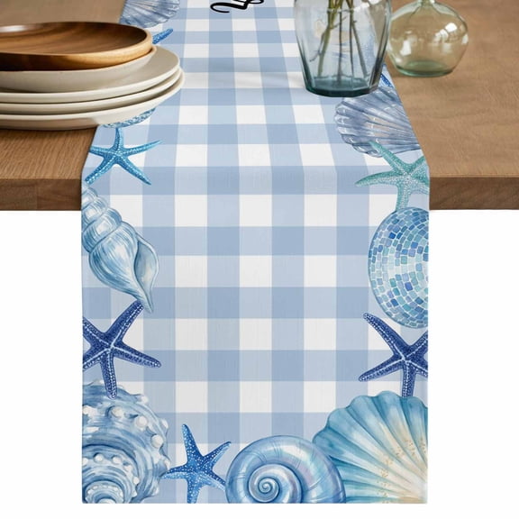 Summer Ocean Table Runner 70 Inches, Blue Coastal Starfish Seashell Conch Plaid Bed Runner Dresser Scarves Tabletop for Indoor Outdoor Parties/Ceremony/Banquet, 13" x 70"