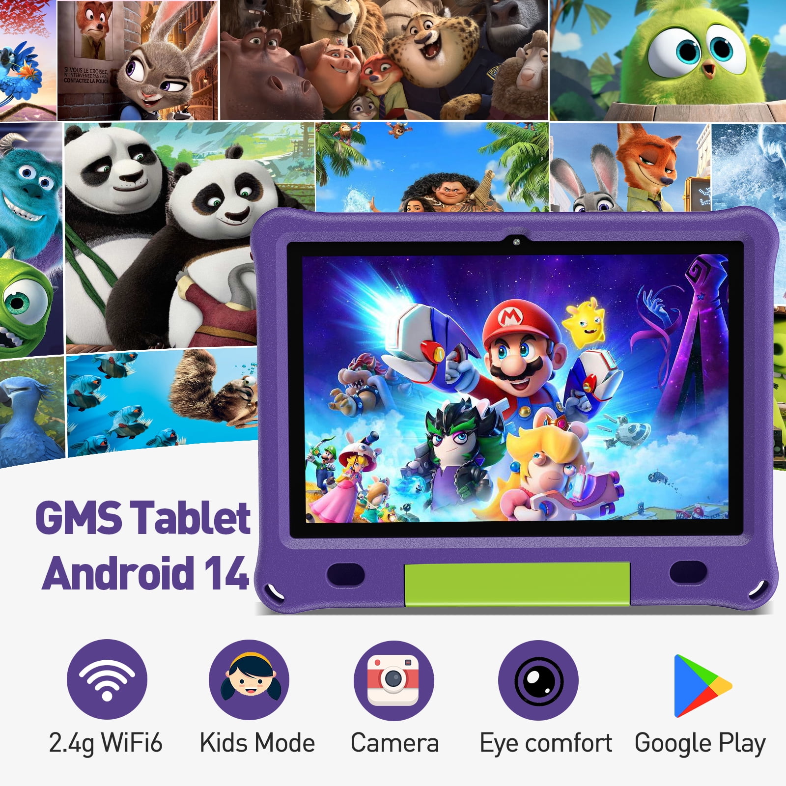 Android 14 Kids Tablet 10.1 inch with Case, 3GB, 64GB, IPS Touch Screen, Quad-Core,1280x800 | Wi-Fi6 | 6000mAh | Google Certified(Purple)