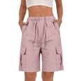 thumbnail image 3 of Women's Cargo Shorts Cotton Linen Slit Pocket Loose Fashion Casual Linen Shorts for Women Pink L, 3 of 6