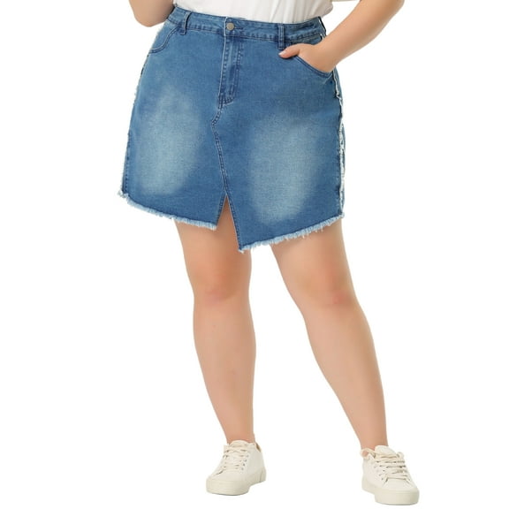 Agnes Orinda Women's Plus Size Slit Fashion Mini Denim Skirt with Pockets 1X Blue