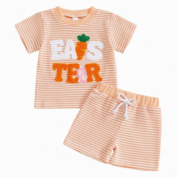 UAYOTSE Toddler Baby Boy Girl Easter Outfit Embroidery Knit Short Sleeve T Shirt Top and Shorts 2Pcs Set,Sizes 12-18 Months