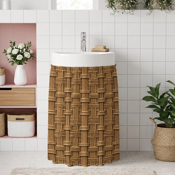 Small Cabinet Curtain 11''W x 13''L, Vintage Rattan Under Sink Cover Drapes, Minimalist Abstract Wicker Texture Brown Self Adhesive Cabinet Skirt for Kitchen/Bathroom Vanity/Laundry Room/Open Shelf