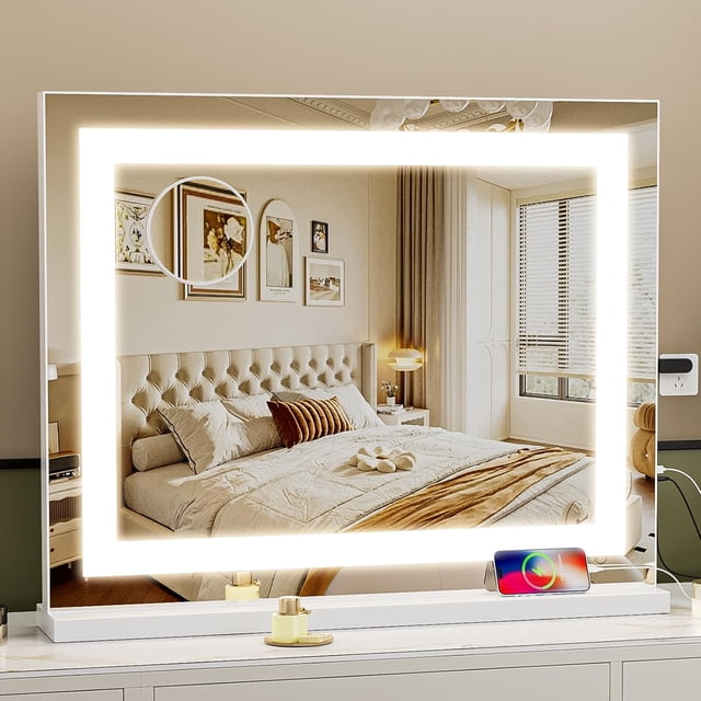 Fenair Vanity Mirror with Lights 22.8‘ * 18.1‘' LED Makeup Mirror Light Strip Dimmable 3 Color Modes Light up Mirror with USB Charging Port, 10X Magnification and Smart Touch, White