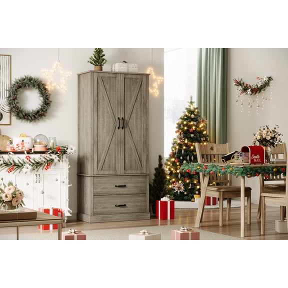Farmhouse Tall Pantry Cabinet with Barn Doors – Adjustable Shelves and Drawers – Freestanding Storage Hutch for Kitchen, Dining Room, or Living Room – Pastoral Gray Color