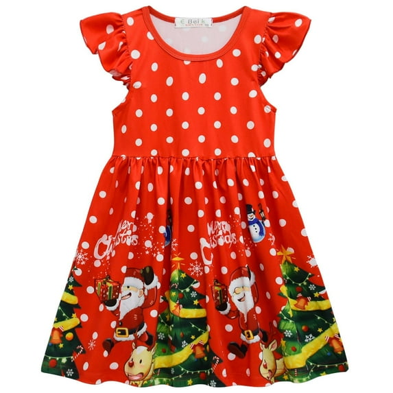 Girls Christmas Cartoon Dress Santa Claus Costume Flutter Sleeves Dress