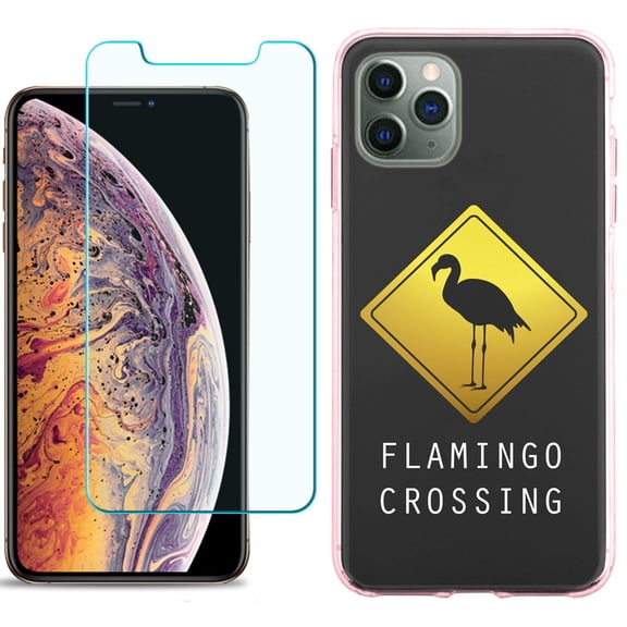 For Apple iPhone 11 PRO Case, Slim-Fit TPU Protective Phone Case (Pink Bezel) with Tempered Glass Screen Protector, by OneToughShield ® - Flamingo