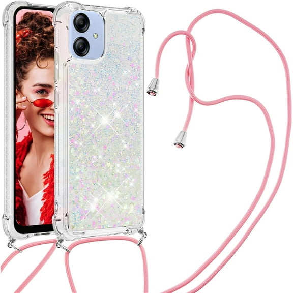 Long Crossbody Lanyard Clear Case for Samsung Galaxy A04E with Adjustable Neck Strap, Glitter Sparkly Bling Quicksand Phone Cover Cases for Samsung Galaxy A03 / A04E / M04 /F04 QKG Colorful