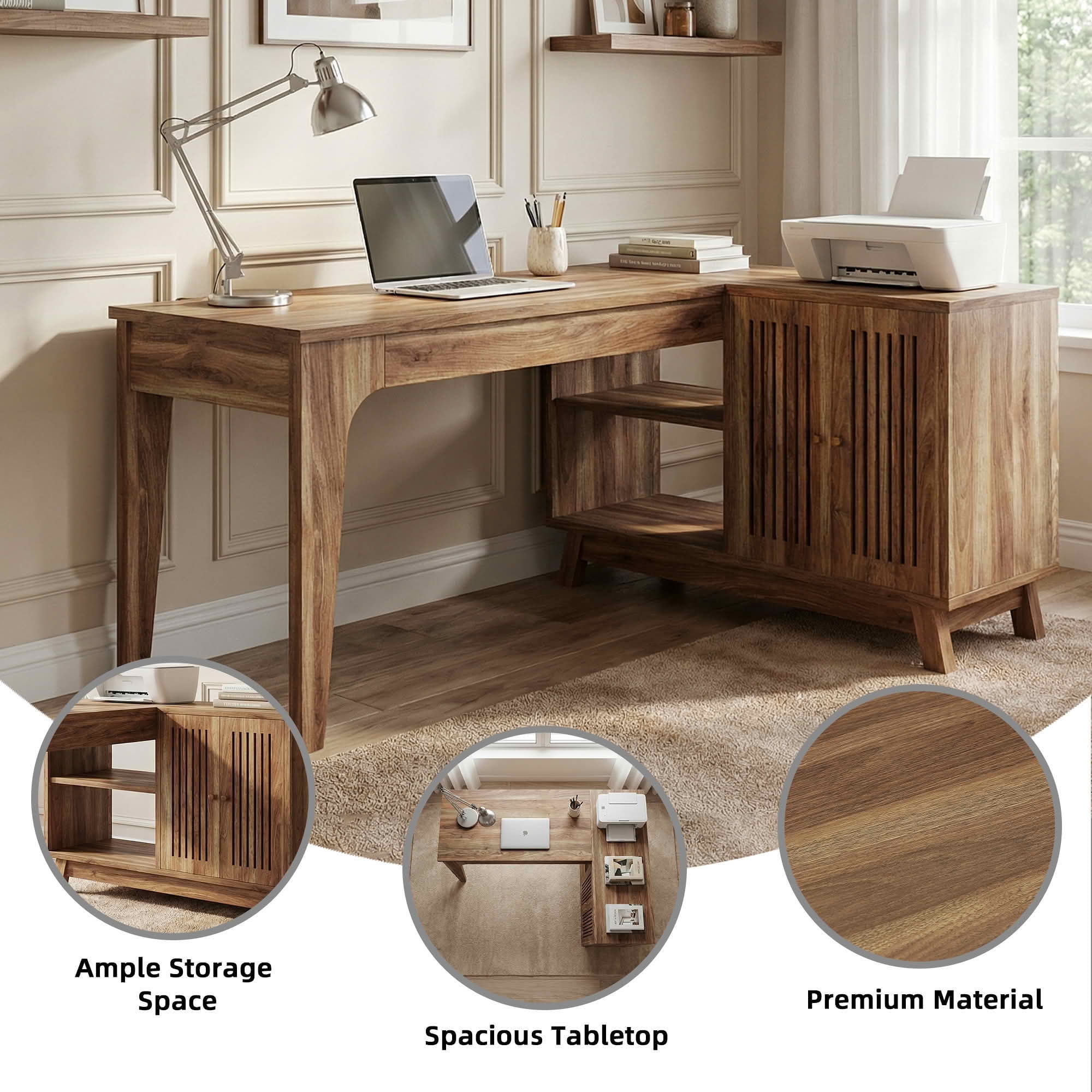 MAYEERTY 41" L-Shaped Corner Desk, Modern Minimalist Wooden Workstation with 2 Open Shelves & Lateral Cabinet