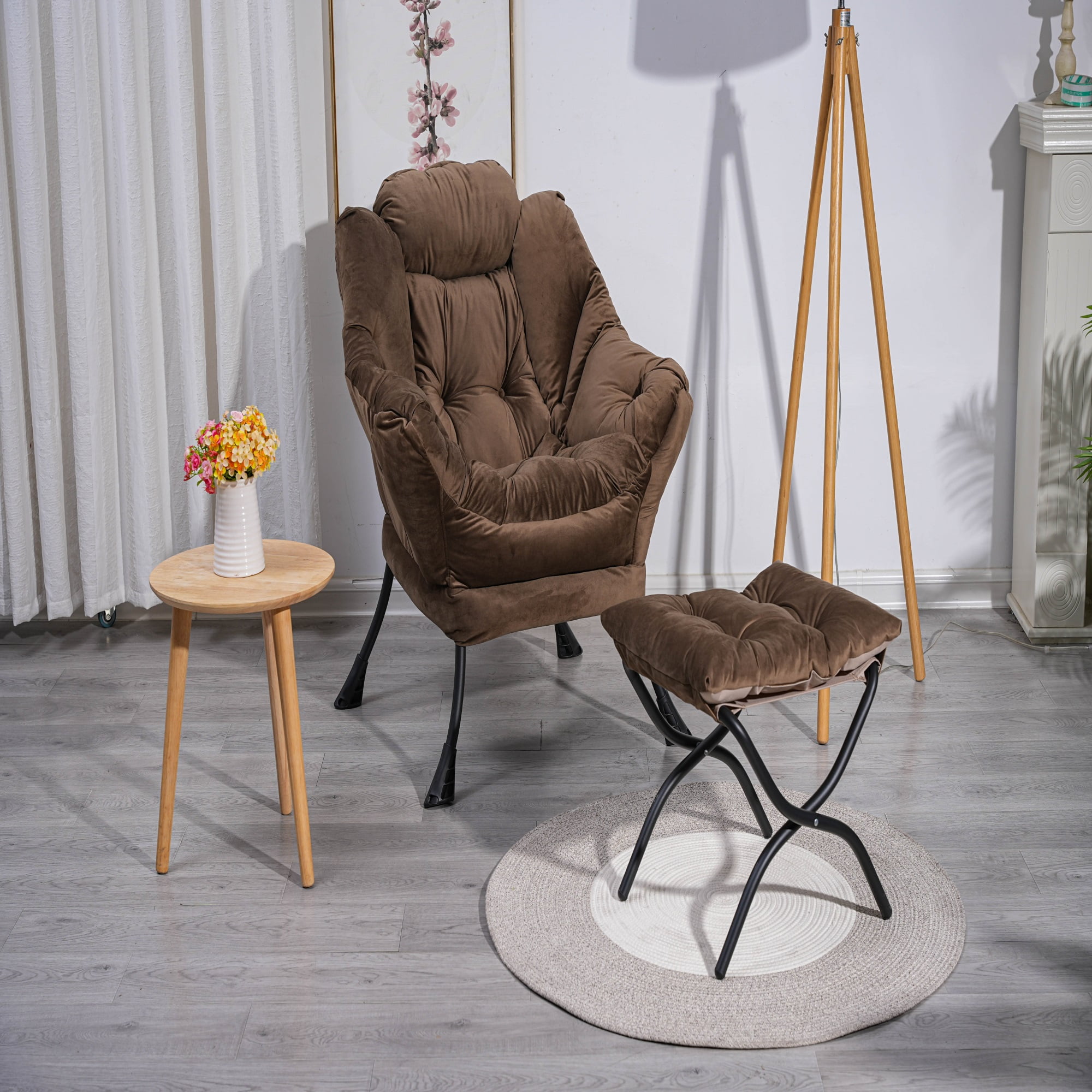 Spaco Modern Cotton Fabric Lazy Chair, Chair with Ottoman Set Armrests and A Side Pocket, Brown Spaco Modern Cotton Fabric Lazy Chair, Chair with Ottoman Set Armrests and A Side Pocket, Brown