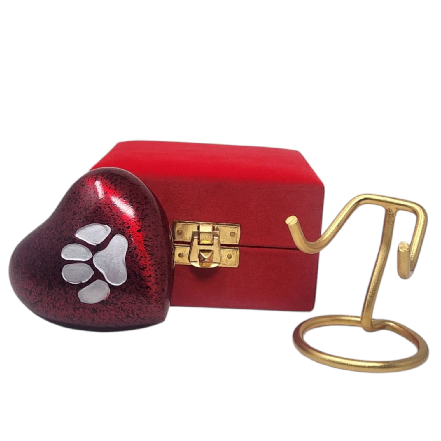 SMIURNS Crimson Red Speckled Heart Pet Cremation Urn - Small Keepsake Urn for Dog or Cat Ashes with Silver Paw Print - Includes Red Velvet Case and Display Stand