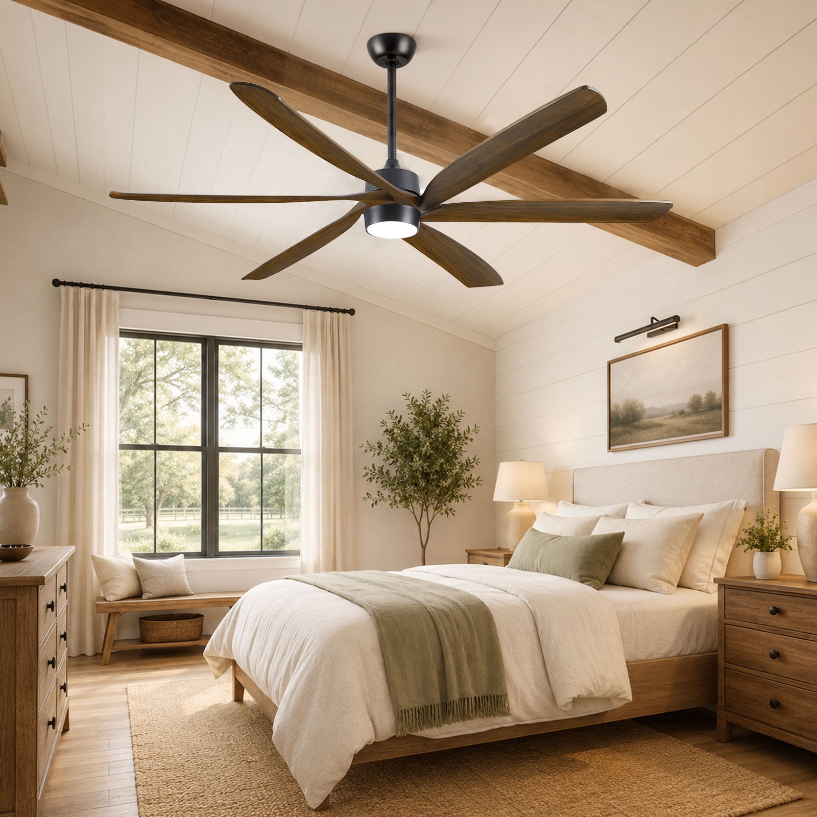 60 inch Farmhouse Ceiling Fan with Light and Remote, Indoor Outdoor Large Reversible Solid Wood 6 Blades, 3CCT Dimmable, 6 Speed Quiet DC Motor