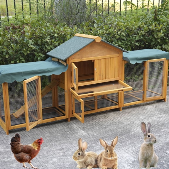 CQSXDA Versatile 82 Inches Extra Large Wooden Bunny Cage Indoor Outdoor Easy to Assemble with Waterproof Cover and Cleaning Tray