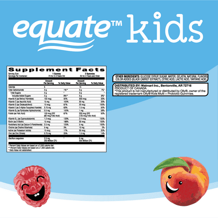 Equate Kids Multivitamin Probiotic Supplement Gummies, Assorted Fruit, 70 Count