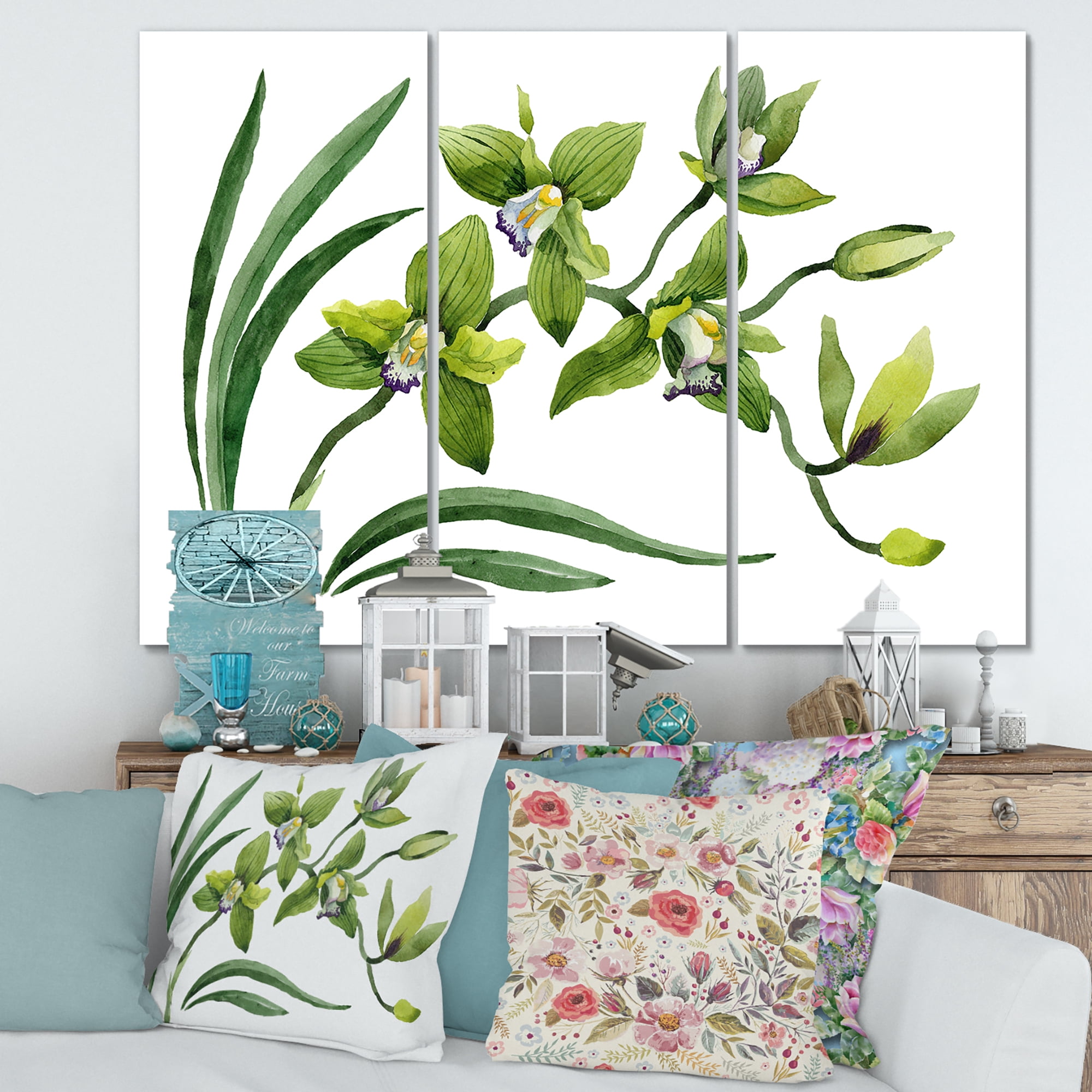 Green Orchid Flowers On White 28 in x 36 in Painting Canvas Art Print, by Designart