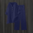thumbnail image 2 of CIENVNSTG 2 Piece Sets Woman Trendy V-Neck Long Sleeve Linen Shirt Top Drawstring Straight Pants Set Navy M, 2 of 5