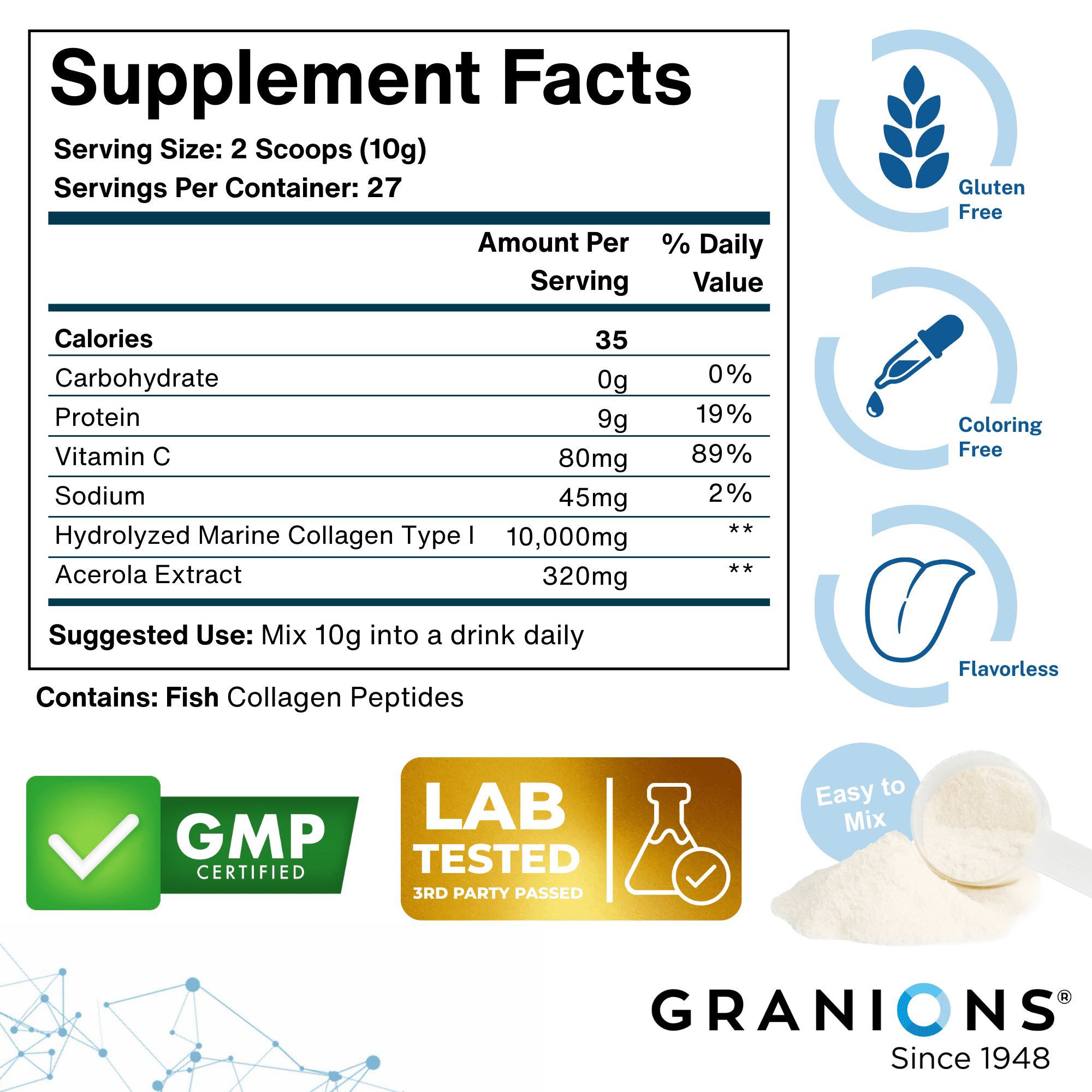 Granions Marine Collagen Peptides Powder Unflavored, 10,000mg per Serving, 278.6g