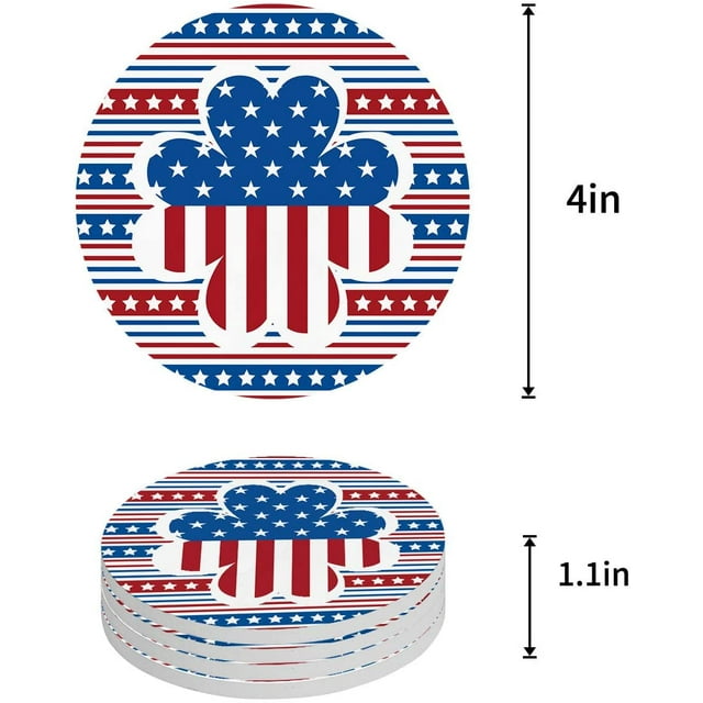 RYLABLUE Jour de l'Indépendance Drapeau Américain Trèfle Ensemble de 6 sous-Verres Ronds pour Boissons, sous-Verres en Céramique Absorbants avec Base en Liège pour Décoration de Table Basse de Cuisine Maison