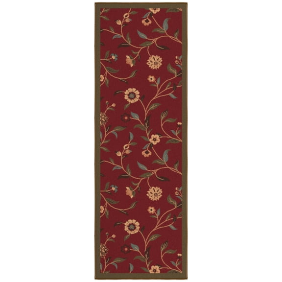 Ottomanson Floral Bathroom Runner Rug 20" x 53" - Non Slip Low Pile Carpet, Red
