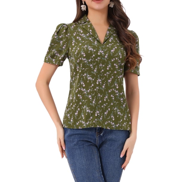 INSPIRAR CHIC Blusas de Cuello en V para Mujeres Elegantes Casual con Estampado de Cereza, Cuello de Solapa, Verano, Manga Corta, Color Verde Oliva