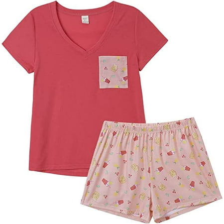 

MyFav Women s Cute Cartoon Print Tee and Shorts Pajama Set XS