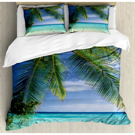Ocean Duvet Cover Set, Tropical Paradise View at Maldives Palms Clear Sky Seashore Picture Print, Decorative 3 Piece Bedding Set with 2 Pillow Shams, Calking Size, Green Aqua Blue, by Ambesonne