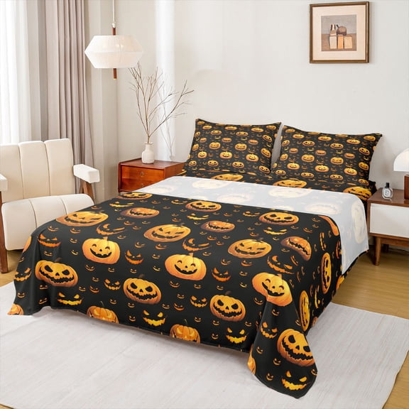 Feelyou Halloween Pumpkin Teens Full Size Sheets, Black Orange Bed Sheets, 4-Piece