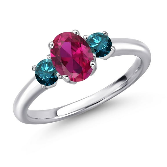 Gem Stone King 925 Sterling Silver Red Created Ruby and Blue Diamond Engagement Ring for Women | 1.15 Cttw | Oval 7X5MM | Gemstone July Birthstone | Size 9