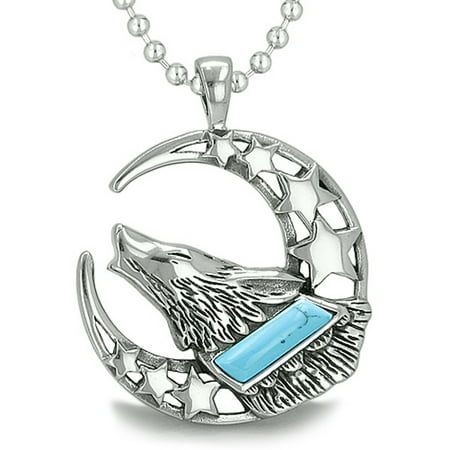 Energy Star Convertible Pendant Howling Courage Wolf Moon Stars Amulet Positive Earth Energy Simulated Turquoise Pendant 22 Inch Necklace ()