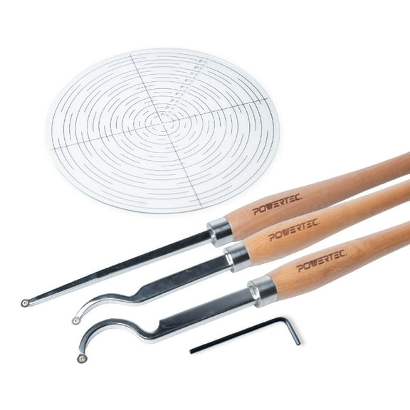 POWERTEC 3PCS Carbide Lathe Tools for Woodturning with 10" Center Finder Compass | Straight, Shallow Swan Neck & Deep Swan Neck for Deep Hollowing Work, Wood Lathe Tools for making Wood Art, 72004