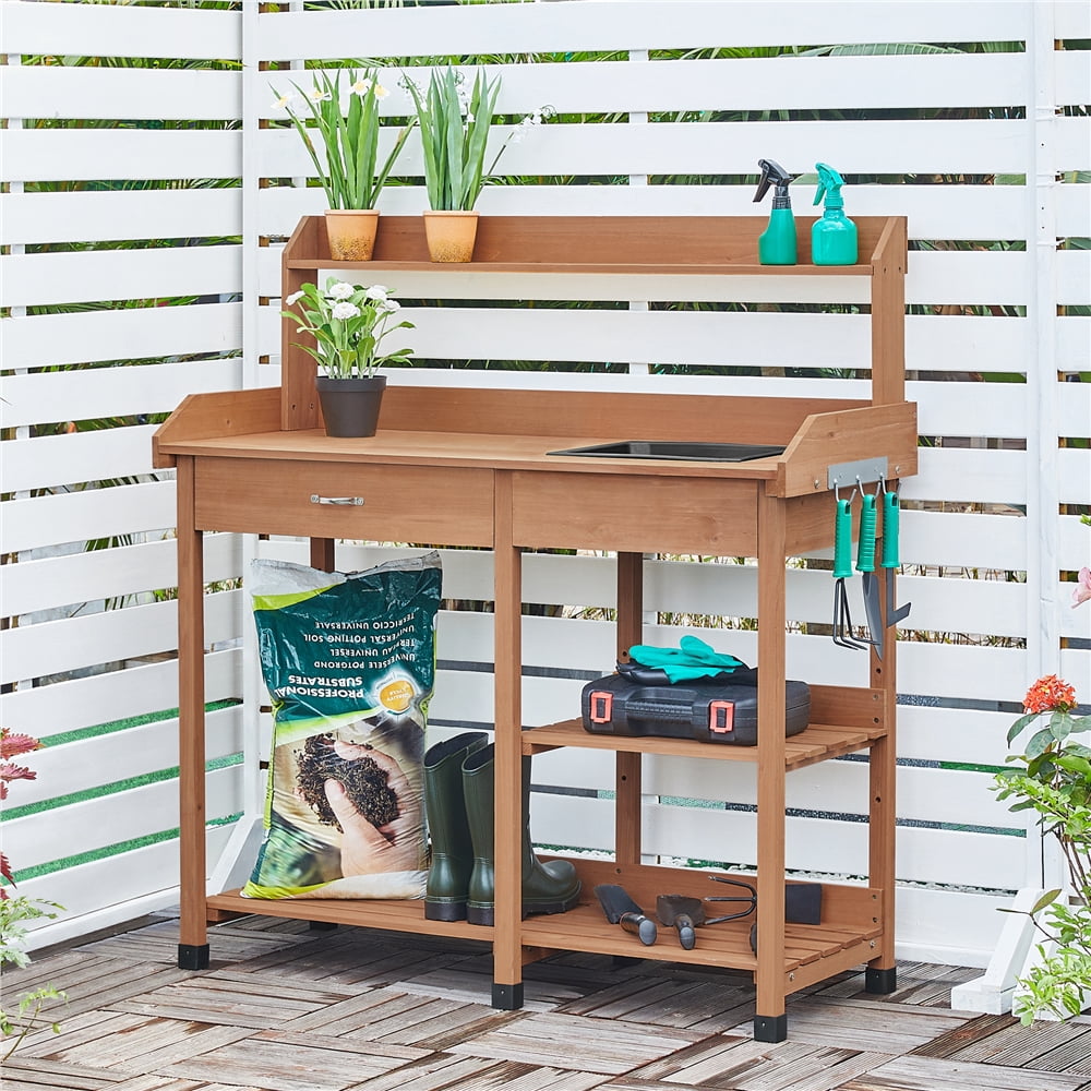 Renwick Garden Potting Bench with Basin & Drawer, Brown