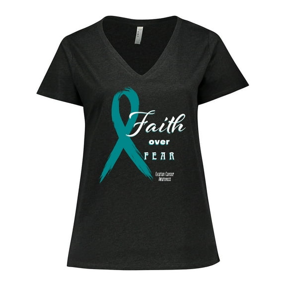 Inktastic Faith over Fear Ovarian Cancer Awareness with Teal Ribbon Women's Plus Size V-Neck T-Shirt