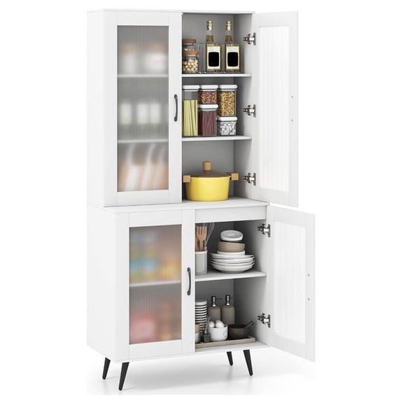 Kitchen Pantry Storage Cabinet, 70.5" Cupboard with 4 Transparent Doors, Adjustable Shelf & Metal Legs, Freestanding Tall Hutch Cabinet for Dining Room, Living Room, Office & Bathroom, White