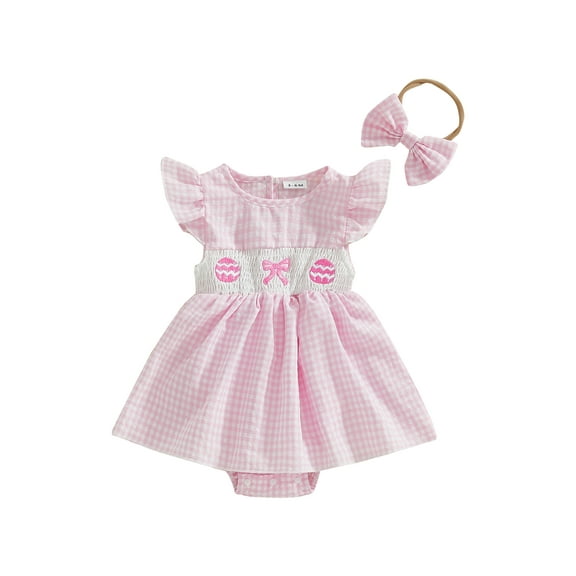 Qmyliery Baby Girls Easter Romper Dress Plaid Printed Flying Sleeve Round Neck Jumpsuit with Bow Headband 3 6 12 18 Months